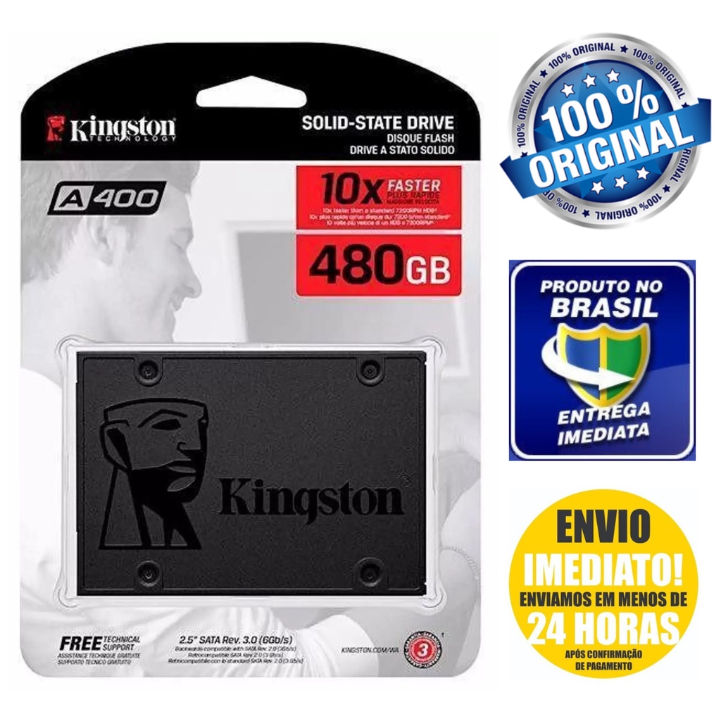 SSD Kingston 480GB A400 SATA I,II e III Leitura 500MB /s Gravação 350MB ...