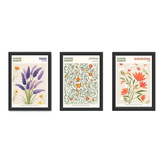Kit 3 Quadros 18x24 Cm Boho, Mercado De Flores Moldura Vidro