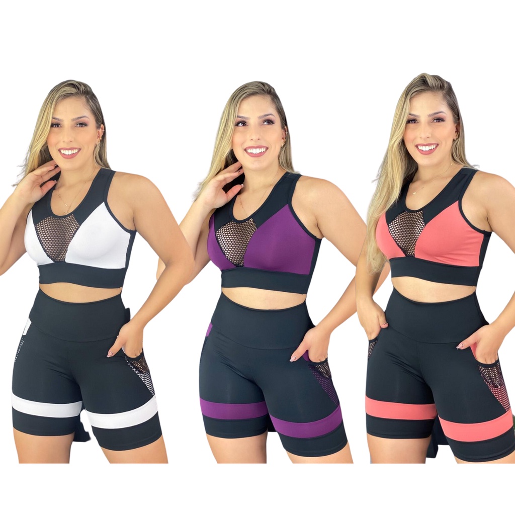 Kit 3 Roupa de Academia Feminina Short Fitness e Top | Shopee Brasil