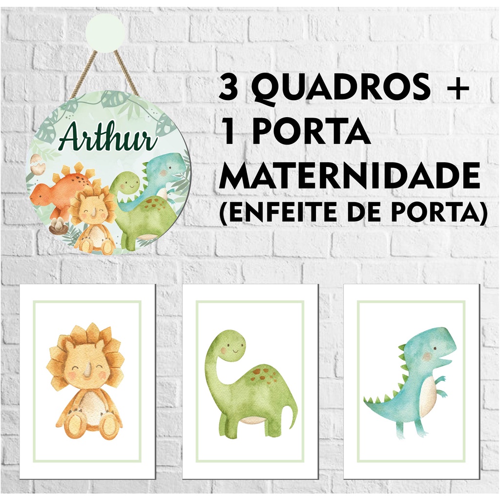 Kit com 3 Quadros Decorativo Dinossauros Baby Aquarela