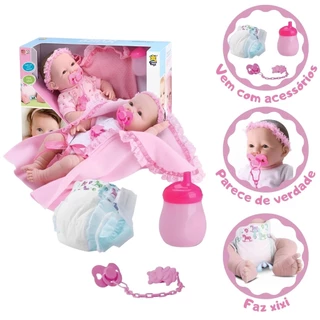 Boneca Bebe Estilo Reborn Diver New Born Faz Xixi Com Fralda E Acessórios