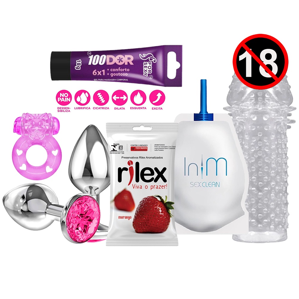 Kit Sexo Anal Gel Lubrificante 100dor Plug Anal P Capa Peniana Anel C Vibrador 5507