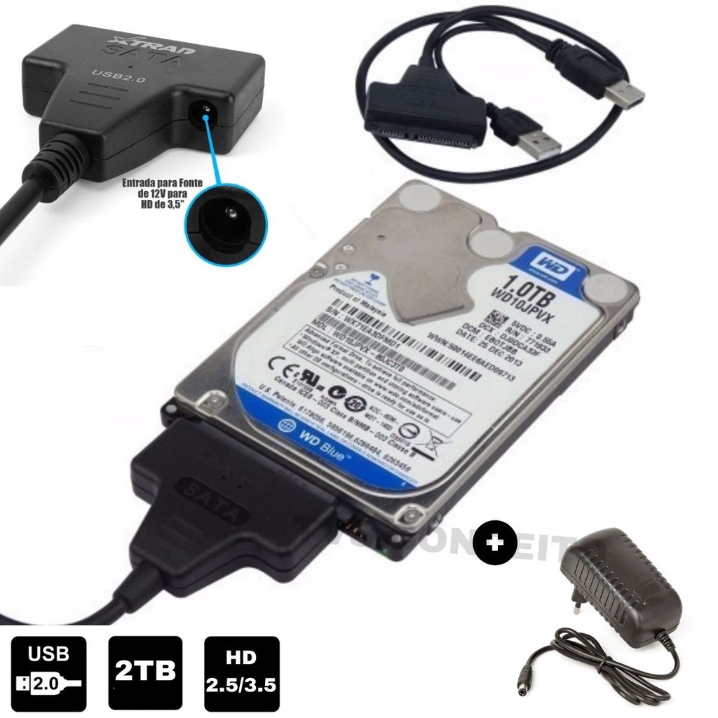 Cabo Conversor Adaptador Usb 2.0 Sata Dual + Fonte De Energia P4 12V 3A HDD Desktop SSD 2.5 3.5 até 2TB