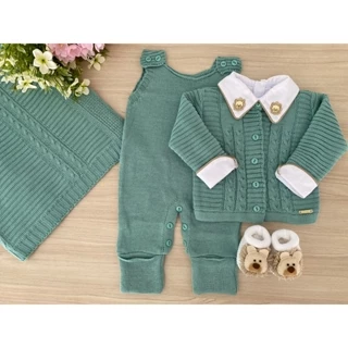 Saída maternidade em tricot de leão verde maré sapatinho branco 5 peças completo