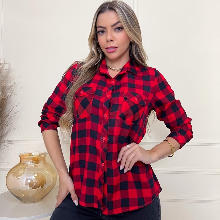 Camisa Xadrez Vermelha Feminina Comprido Moda Quadriculada Manga Longa