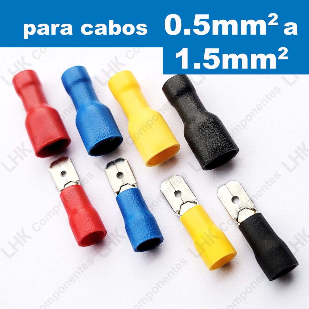 Terminal tipo faston totalmente isolado Kit fêmea e macho para cabos de 0,5mm a 1,5mm