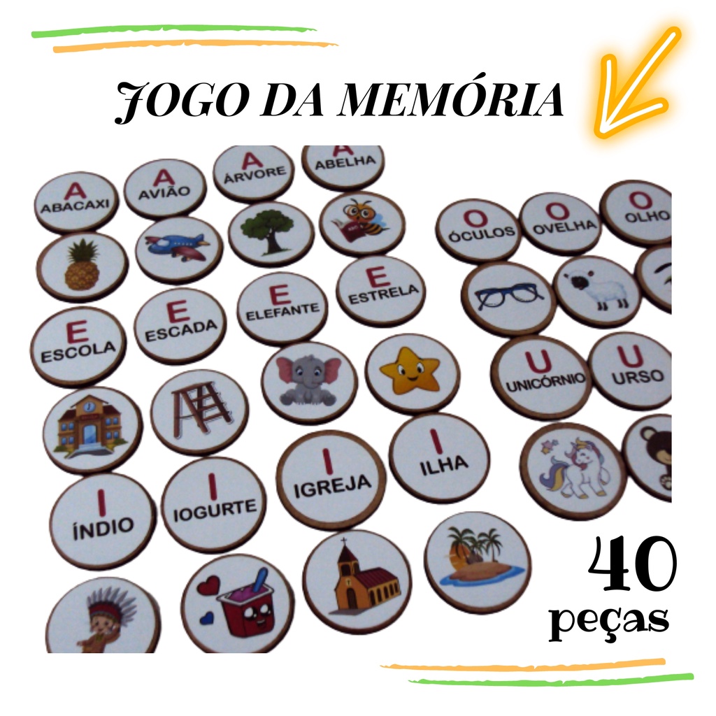 Jogo da Memória Brinquedos - 40 Peças de Madeira