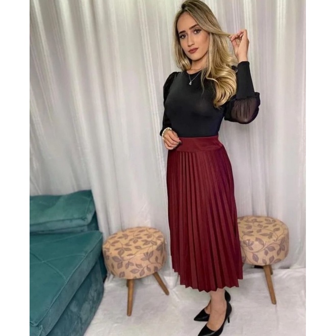 Saia plissada hot sale midi marsala