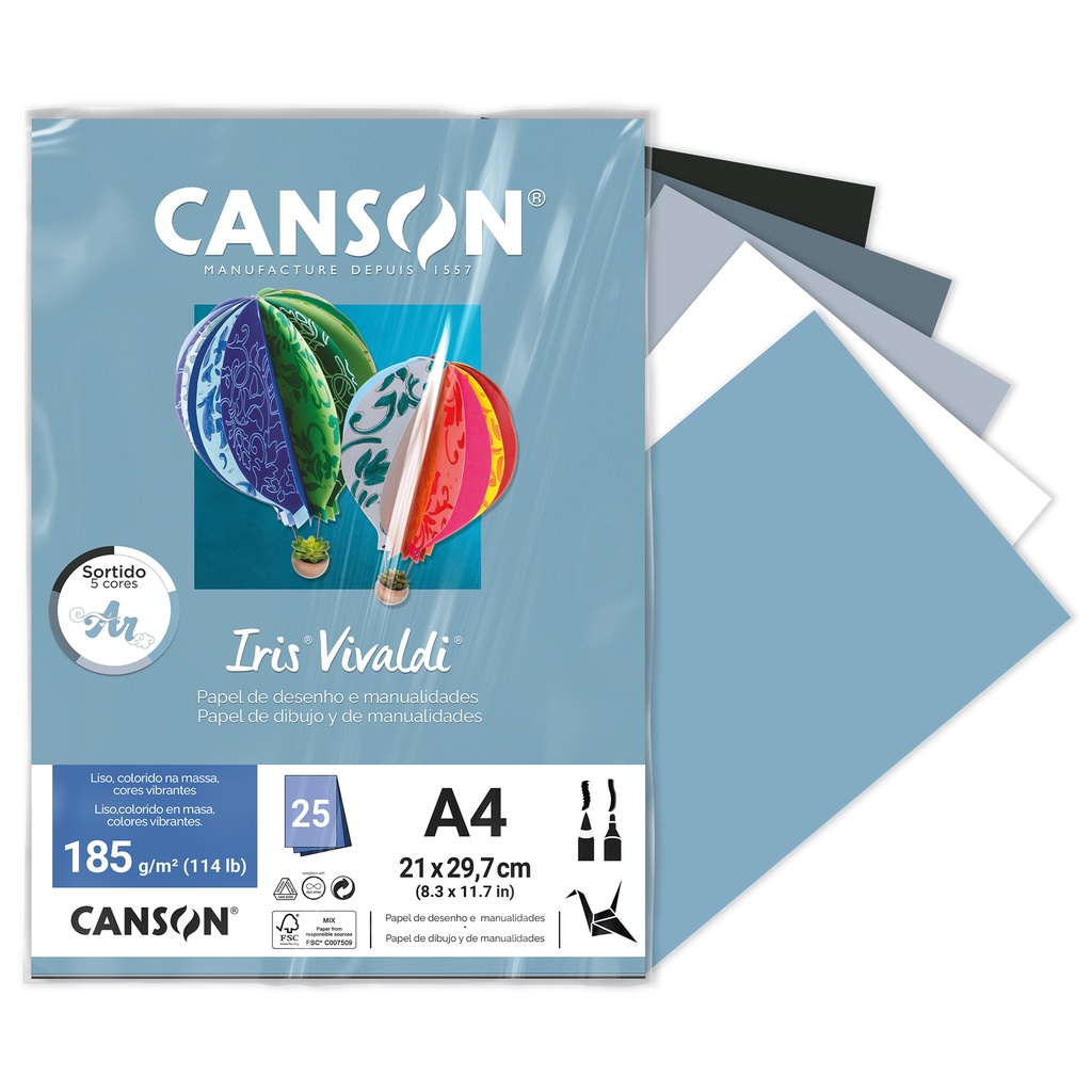 Canson Iris Vivaldi Farbpapier DIN A3 – 185 G/m², 25 Blatt In 5 Farben, Glatt & Säurefrei Für Kunst & Druck