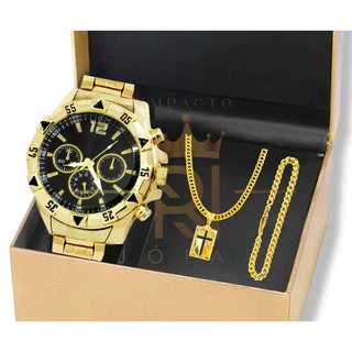 Relógio masculino + Conjunto corrente e pulseira pingente cruz Relógio masculino + Conjunto corrente