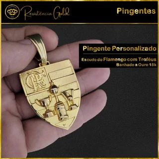 Pingente Escudo do Flamengo Personalizado com Troféu banhado a Ouro 18k