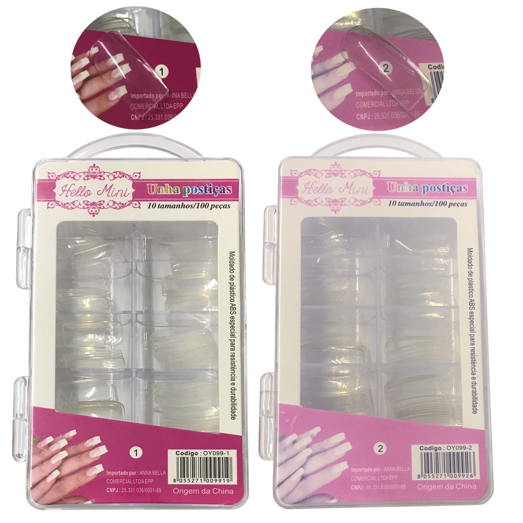 Caixa Com 100 Unhas Postiças Transparente Tamanho Normal Hello Mini ...