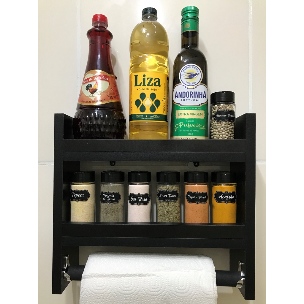 Nicho Porta Temperos Cozinha, Condimentos, MDF PRETO. *GRATIS PAPEL TOALHA*