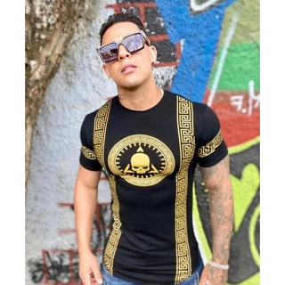 camiseta caveira longline estampada viscolycra corte slim nas costas.