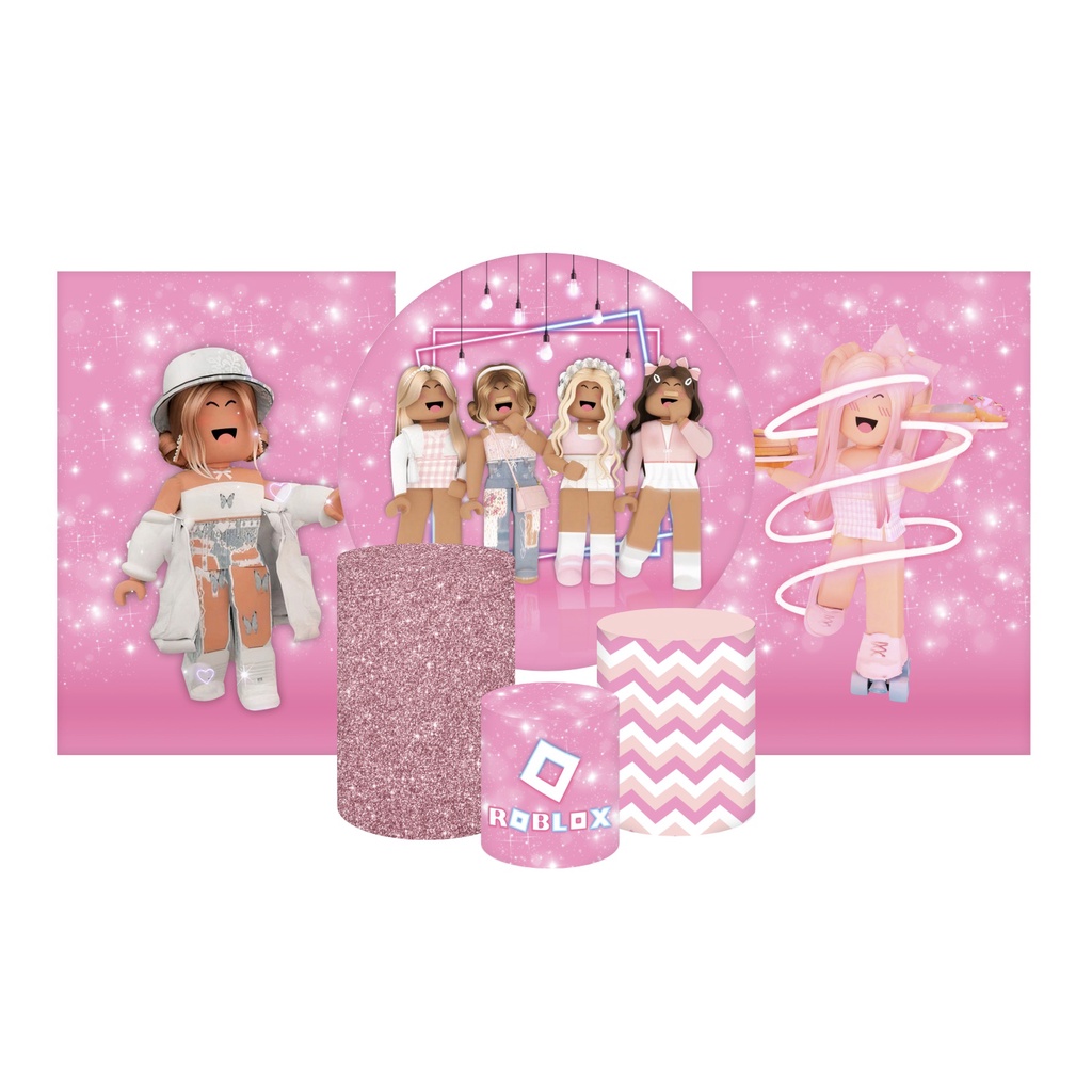 Kit Duplo 3 Paineis Casados + Trio Cilindros Tema Roblox Rosa Menina |  Shopee Brasil