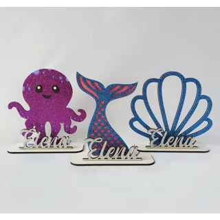 Kit Centros de Mesa Fundo Do Mar Cauda Sereia Concha e Polvinho Com Nome Personalizado Para Decoração e Lembrancinha em Mdf e Eva com Glitter