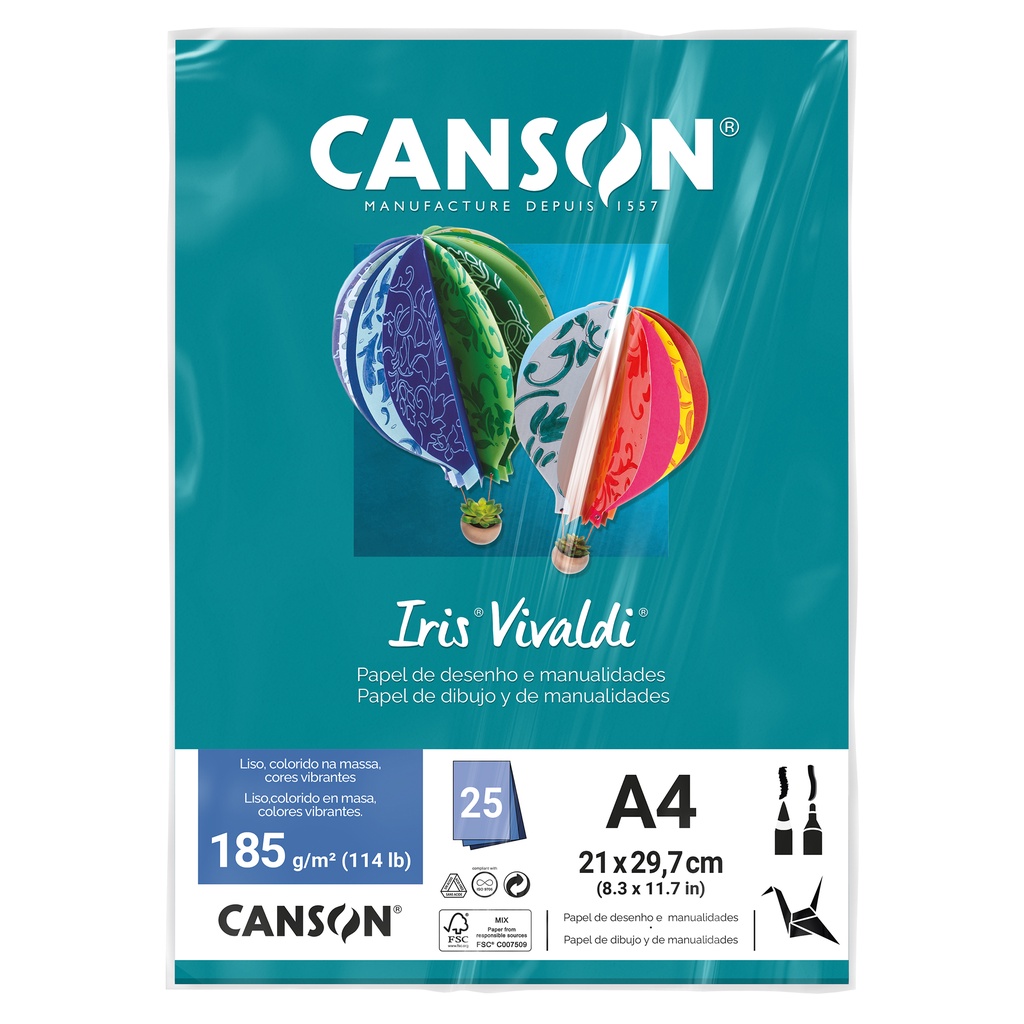 CANSON Iris Vivaldi Carta Colorata A4, 185 G/m², 12 Colori Vivaci, 120 Fogli - Certificata FSC, Made In France, Per Bricolage