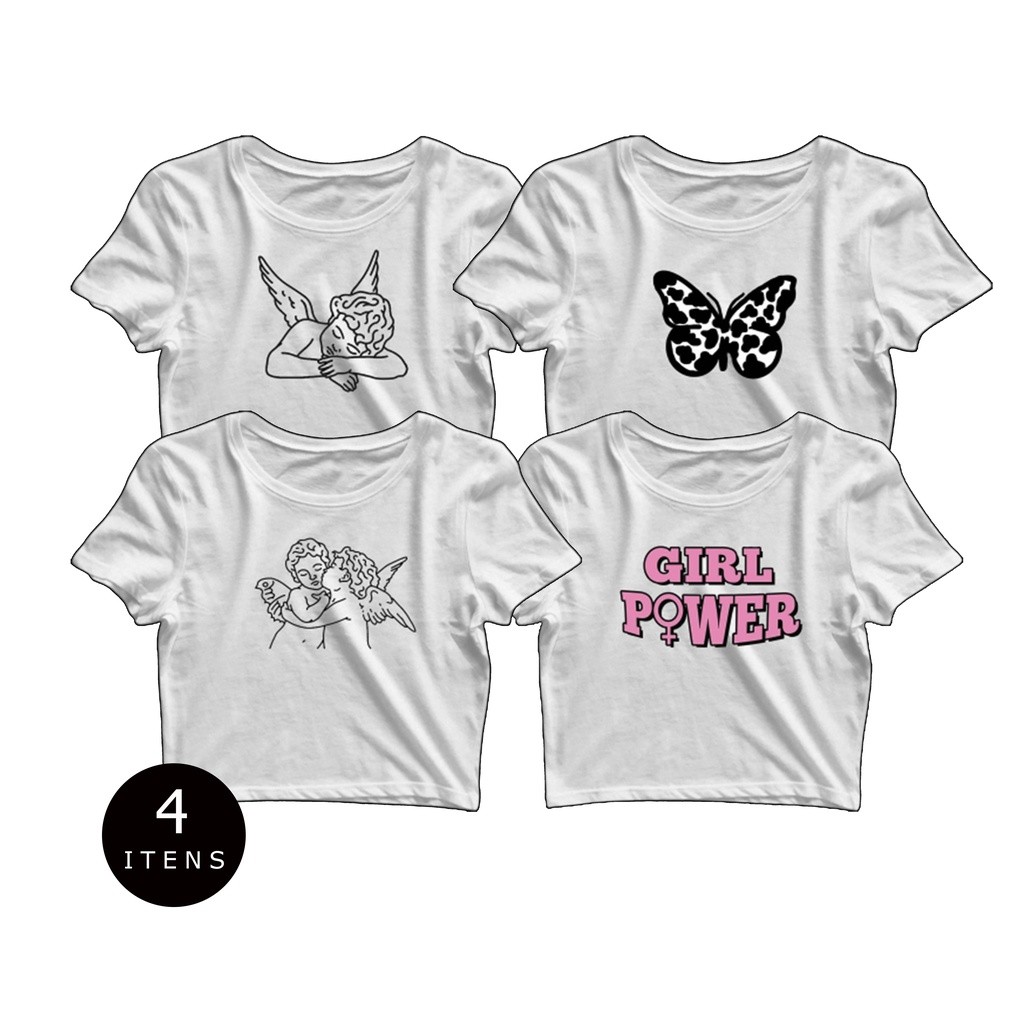 Kit 4 Cropped Manga Curta Feminino As Braba Branco