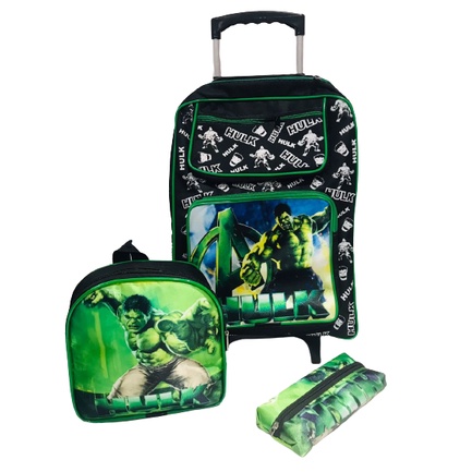 Voltas as Aulas! Kit Mochila de Rodinhas, Lancheira e Estojo do Herói Monstruoso Verde Para Meninos Escolar. Promoção 2023 - Envio Imediato