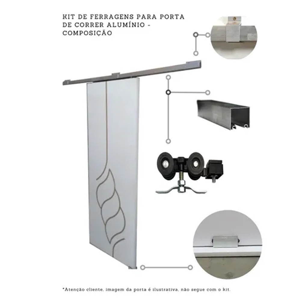 Kit p/ Porta Correr Trilho Alumínio 35x35 1,80m Natural - RDA-2