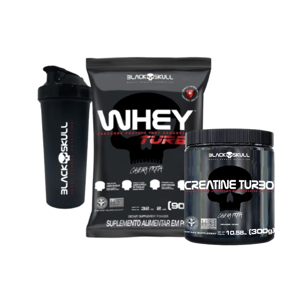 Kit Suplemento Whey Turbo 907g + Creatina Turbo 300g + Coqueteleira 600ml - Black Skull