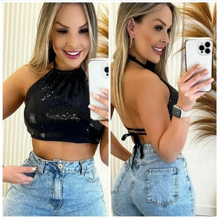 Cropped Feminino Paetê Brilho Frente Única Com Bojo Moda Feminina