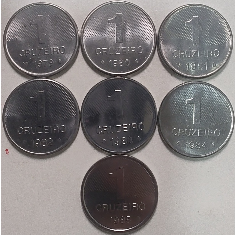 Moedas de 1 Cruzeiro de 1979, 1980, 1981, 1982, 1983, 1984 e 1985 (Inox - Cana de Açúcar)