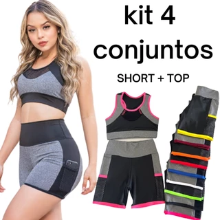 kit 4 conjuntos suplex academia short e top
