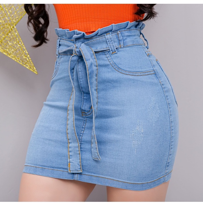 Saia Jeans Feminino Cintura Alta Com Lycra Levanta bumbum