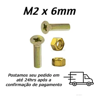 KIT Parafuso M2 X 6mm Cabeça Chata Phillips Bicromatizado Com Porca Sextavada M2 Bicromatziada