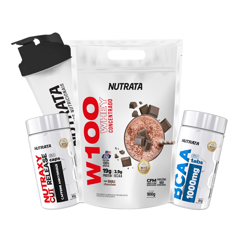 Whey Protein Concentrado 100% 900g Refil + Termogênico 60 Cápsulas + BCAA 60 Tabletes + Coqueteleira 600ml – Nutrata
