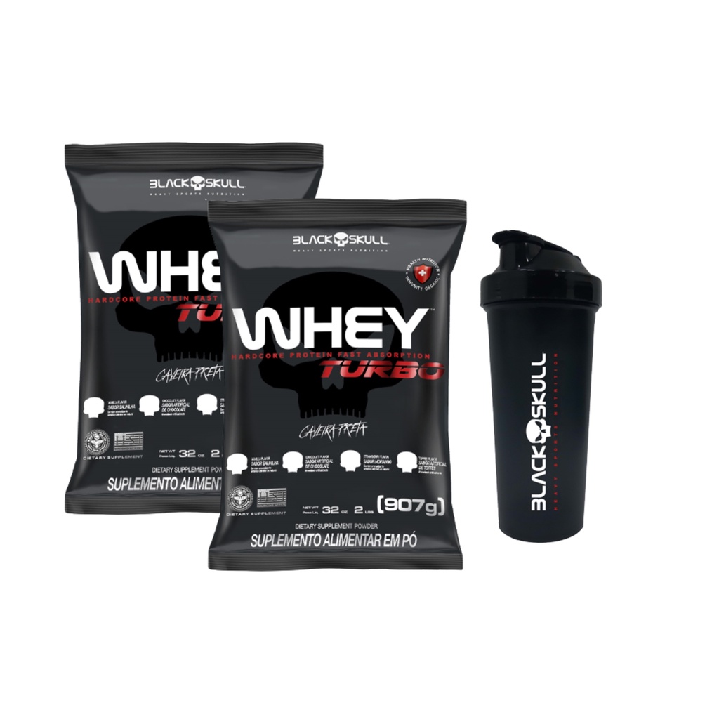 Kit 2X Whey Protein Turbo 907g Blackskull + 1X Coqueteleira