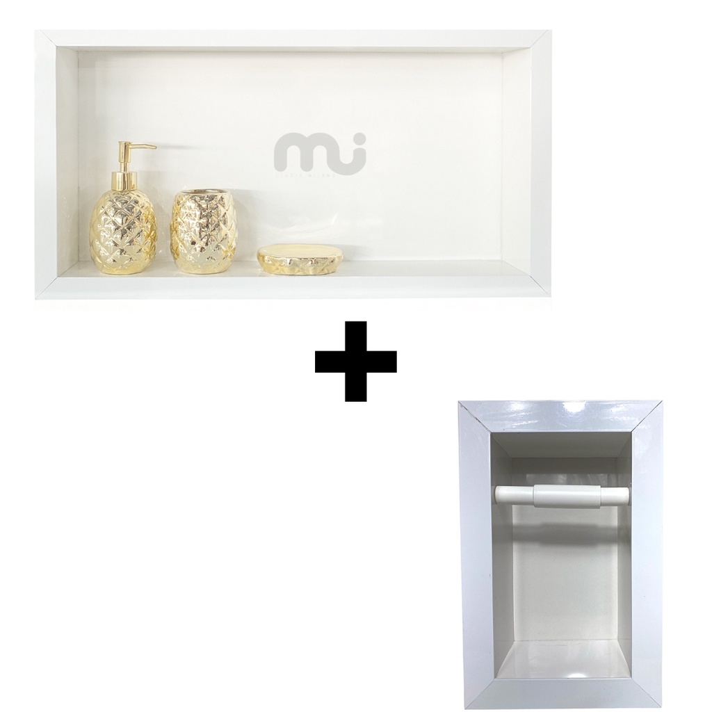 Nicho em Porcelanato Branco + Porta Papel Higiênico Com Bordas Em Alumínio Acessórios Para Banheiro Premium
