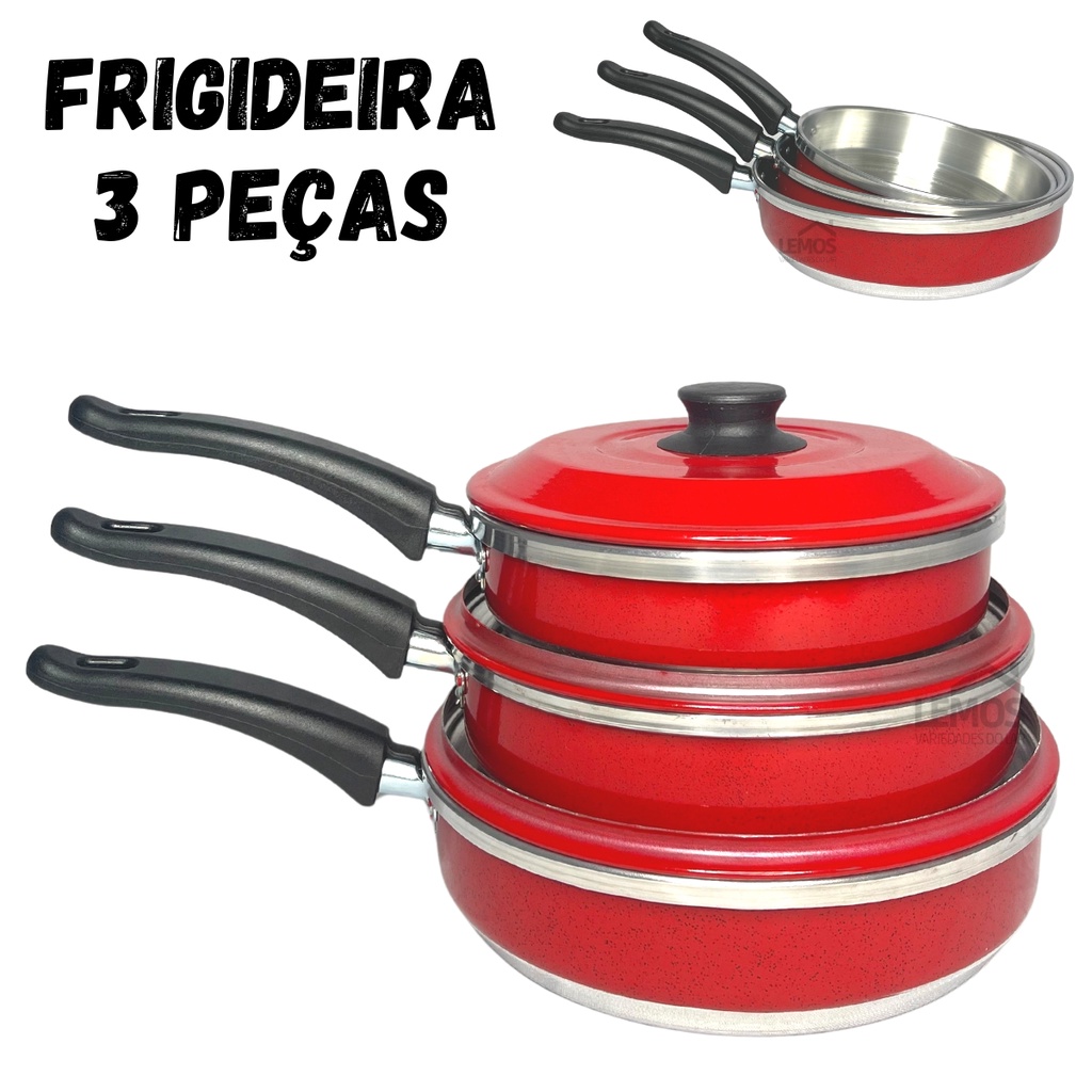 Jogo De Frigideiras Francesa Conjunto 3 Peças Com Tampa Francesinha Em Aluminio N18 20 22 Vermelha