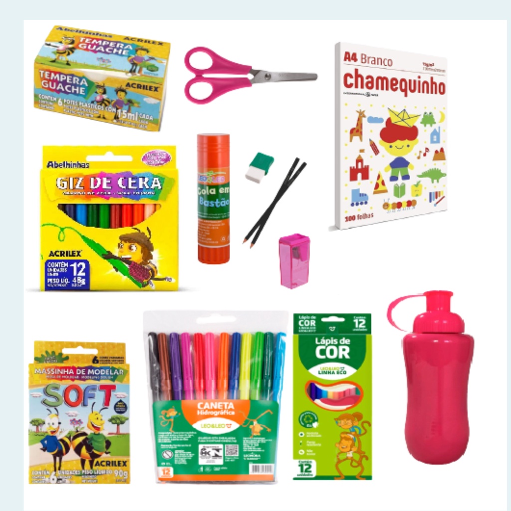 Kit Escolar Infantil 56 unidades- completo com Squeeze 600ml.