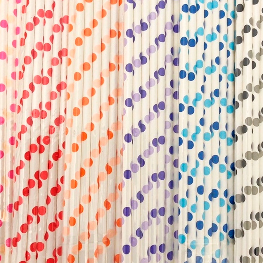 Kit 25 Canudo biodegradável de papel branco decorado bolinha colorida topo de bolo 6mm Q25