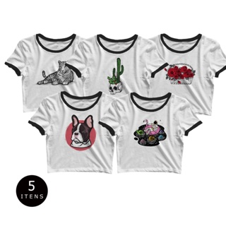 Kit 5 Cropped Manga Curta Feminino As Braba Branco Com Preto