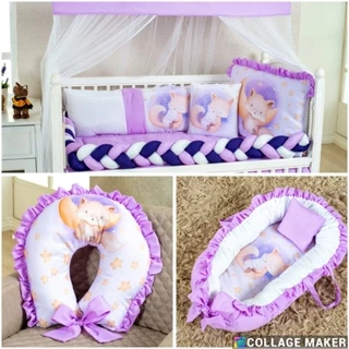 KIT BERÇO + NINHO REDUTOR DE BERÇO + ALMOFADA DE AMAMENTAÇÃO SUBLIMADO RAPOSA LILAS MENINO/MENINA