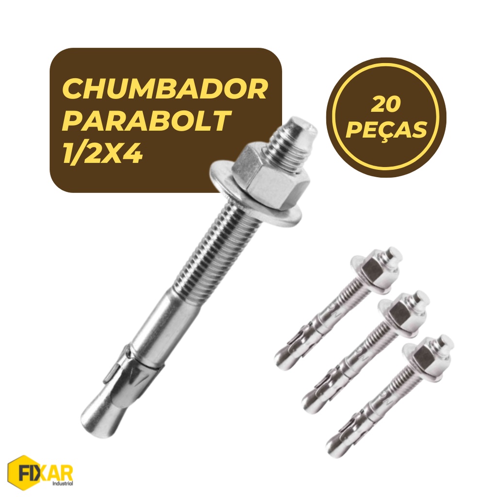 Chumbador Parabolt 1/2 X 4 Com Porca E Arruela Kit 20 Unidades | Shopee ...