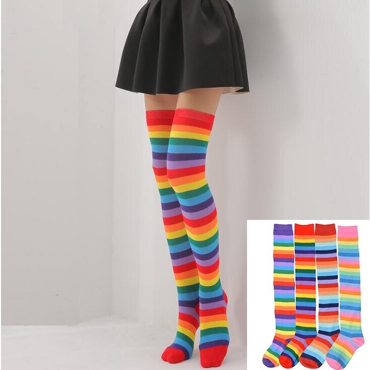 Meia 3/4 Longa 34 ao 39 Listrada Colorida Arco Iris Cano Alto Divertida Adulto e Infantil