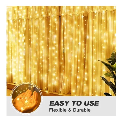 Cortina De Fio De Fada 300 Leds (ENTRADA USB) 3x3m Amarela/Branca 8 Modos Com Controle