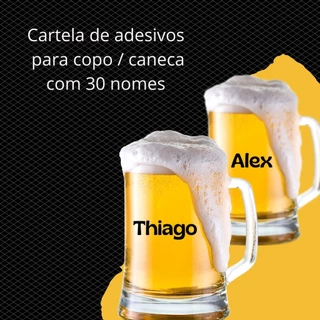 Cartela de adesivos com 30 nomes para copo, caneca, taça