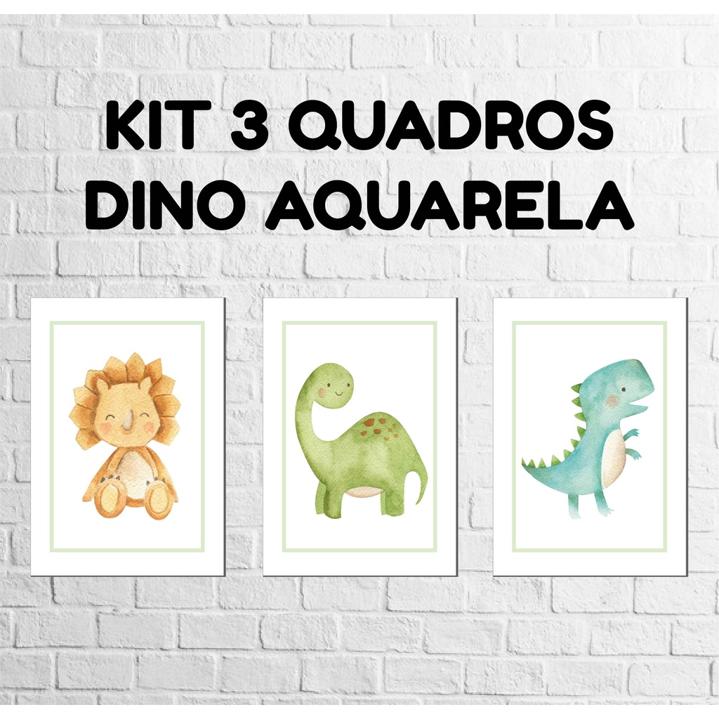 Kit com 3 Quadros Decorativo Dinossauros Baby Aquarela