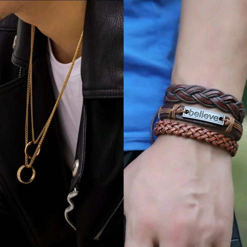 Colar Masculino em camadas pingente anel. Conjunto 3 pulseiras ...