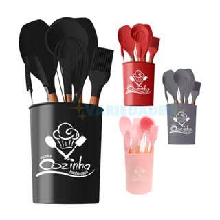 Kit De Utensílios Talheres De Silicone Com Cabo Madeira 7 Peças Lindas Cores