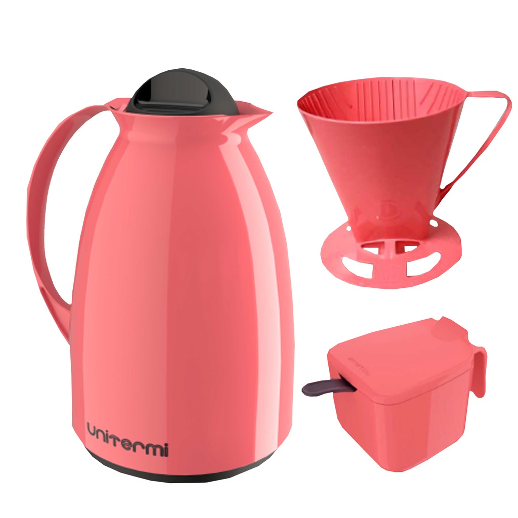 Kit Café Prático 3 Peças Com Garrafa Térmica 650 ml Suporte para Filtro Açucareiro e Colher