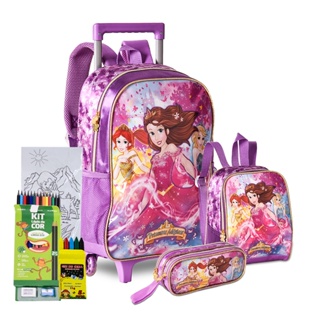 Kit Mochila Carrinho Infantil Estojo duplo Lancheira Térmica Escolar Menina  Princesas Resistente - Roxo