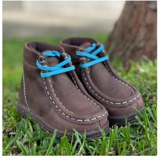 Destroyer Country Infantil de Menino Caminhos da Roça Original Couro Legítimo Marrom com Cadarço Azul Forração Acolchoada Super Macia