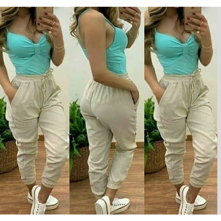 Calça Jogger Feminina De Linho Com Elastico no punho