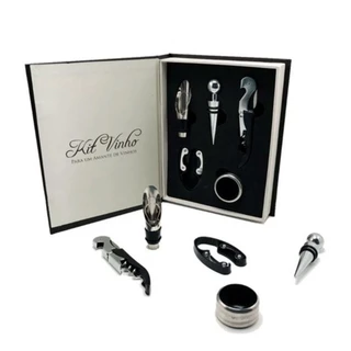 Kit Vinho com Abridor Saca Rolhas Tampa Dosador Corta Lacre Livro 5 Acessorios
